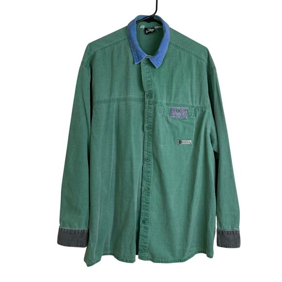 Vtg Gotcha Shirt Mens XL Green Long Sleeve Button Up Colorblock Corduroy Cotton - Picture 1 of 9